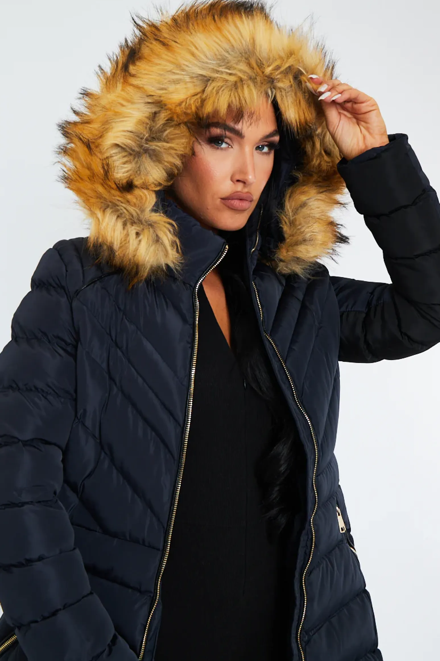Rebellious Fashion Navy Blue Fur Hood Contrast Panel Puffer Coat - Chelsie