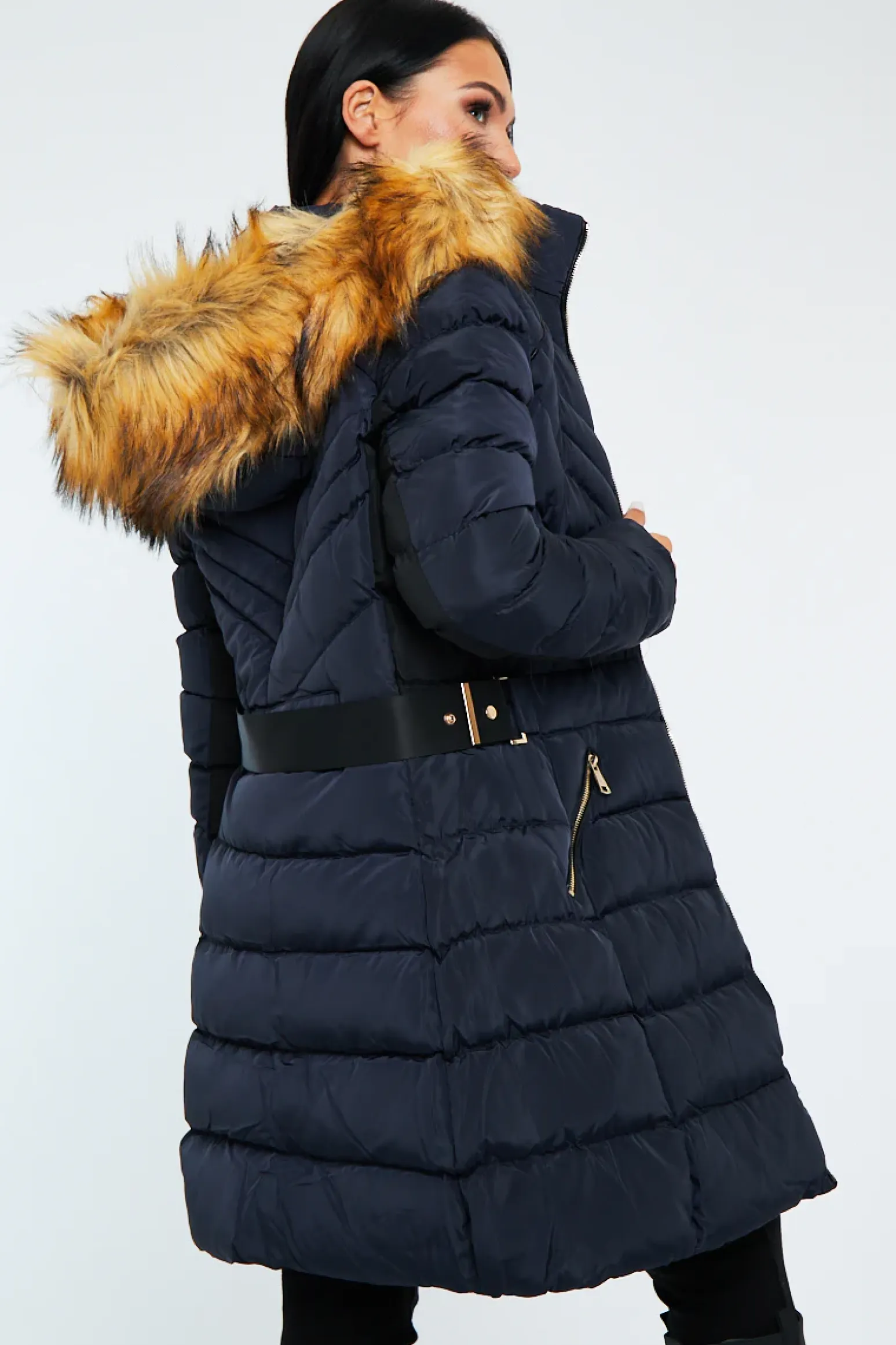 Rebellious Fashion Navy Blue Fur Hood Contrast Panel Puffer Coat - Chelsie