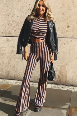 Rebellious Fashion Navy Camel Stripe Rib Crop Top Trousers Co-Ord - Elmira