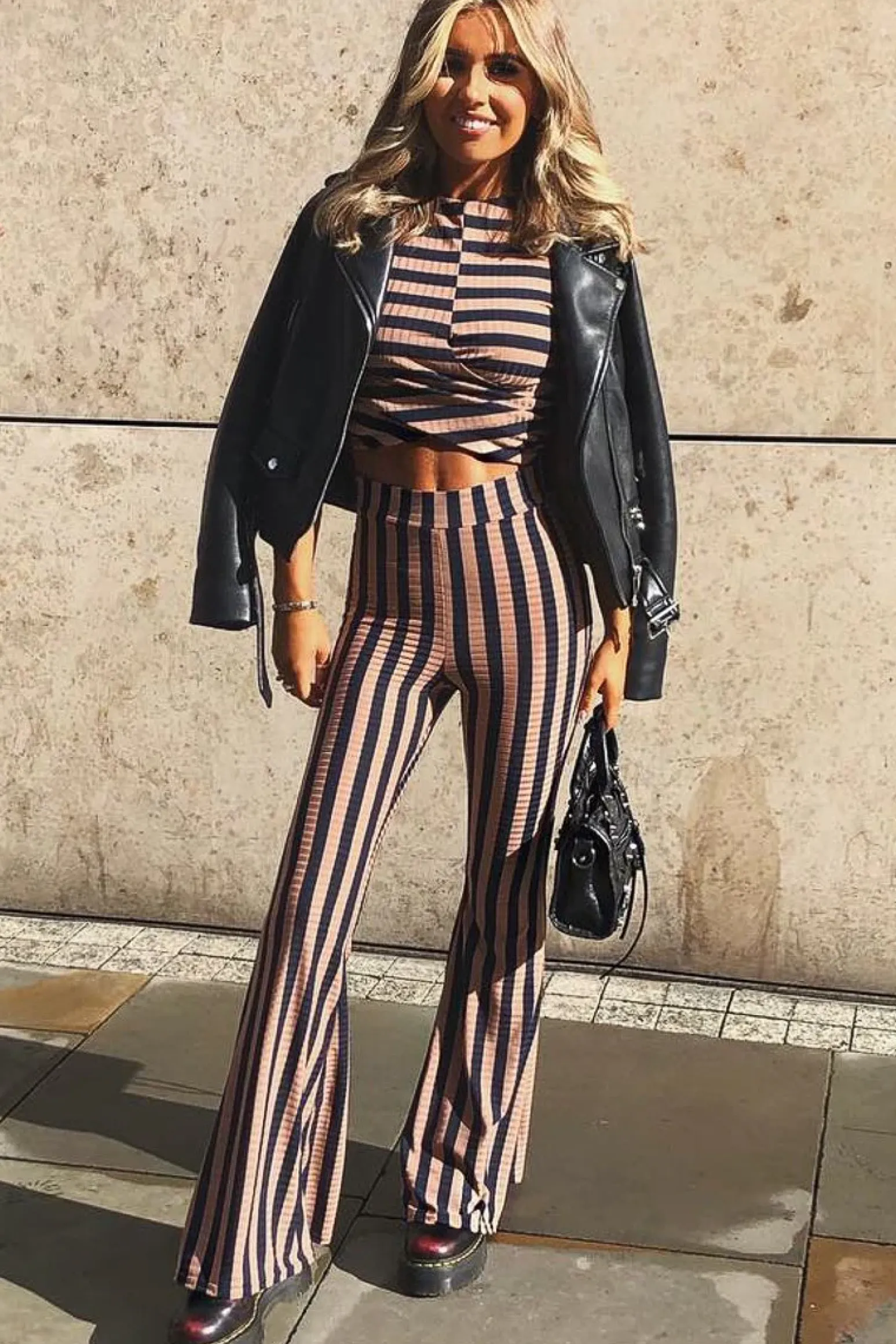 Rebellious Fashion Navy Camel Stripe Rib Crop Top Trousers Co-Ord - Elmira