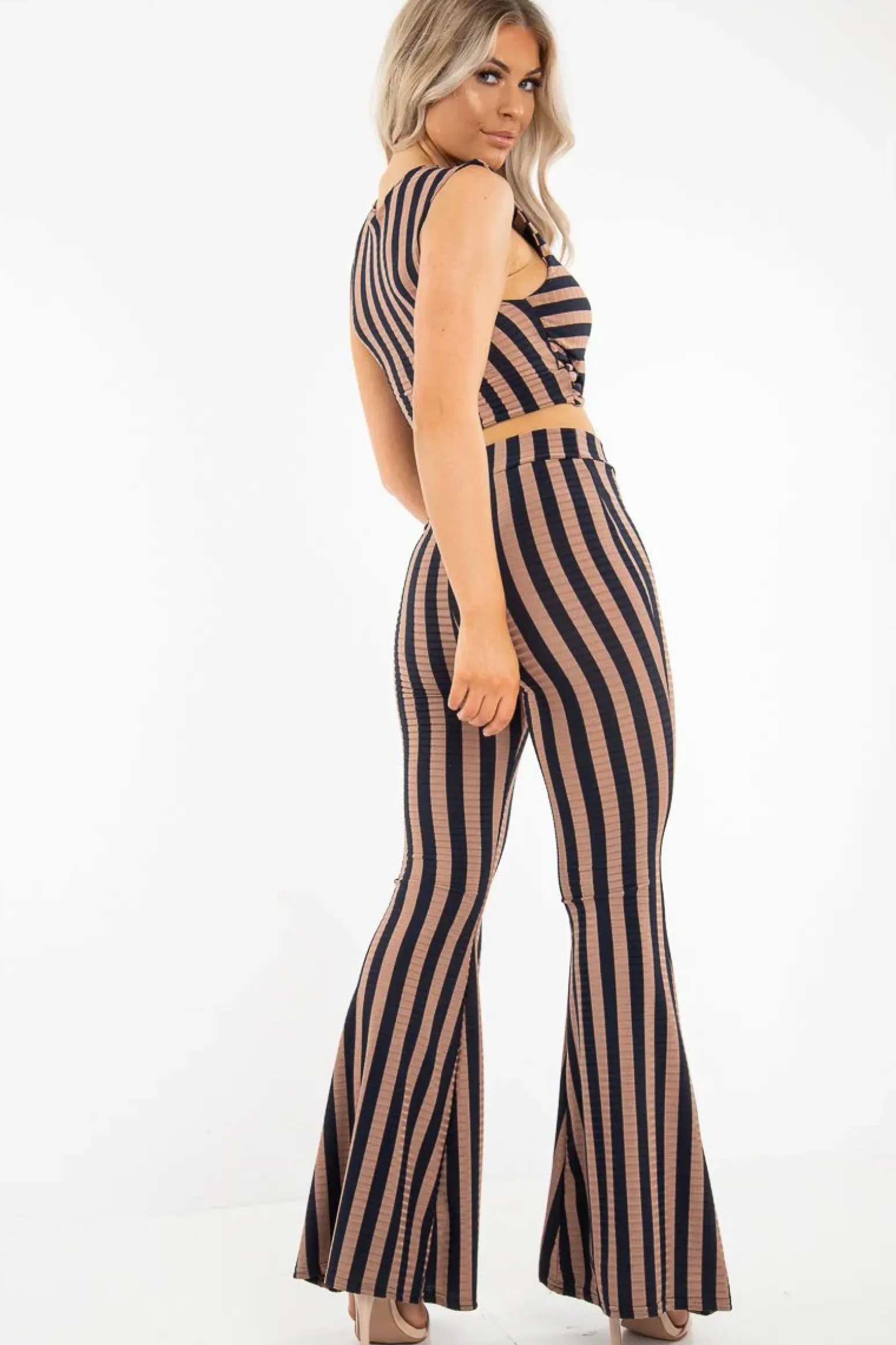 Rebellious Fashion Navy Camel Stripe Rib Crop Top Trousers Co-Ord - Elmira