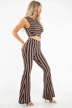 Rebellious Fashion Navy Camel Stripe Rib Crop Top Trousers Co-Ord - Elmira