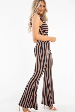 Rebellious Fashion Navy Camel Stripe Rib Crop Top Trousers Co-Ord - Elmira