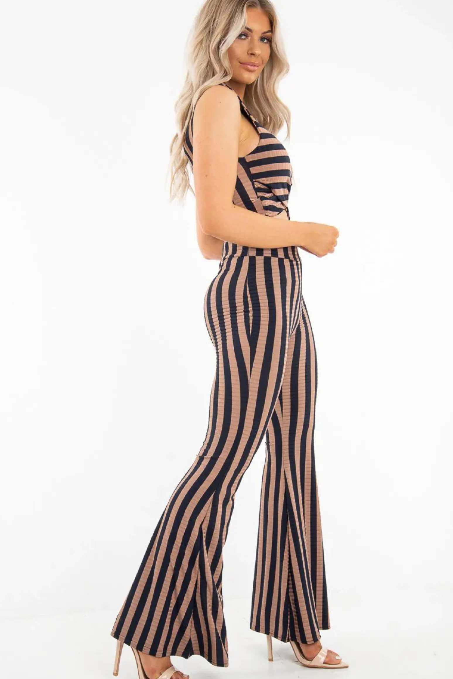 Rebellious Fashion Navy Camel Stripe Rib Crop Top Trousers Co-Ord - Elmira