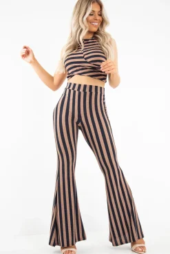 Rebellious Fashion Navy Camel Stripe Rib Crop Top Trousers Co-Ord - Elmira
