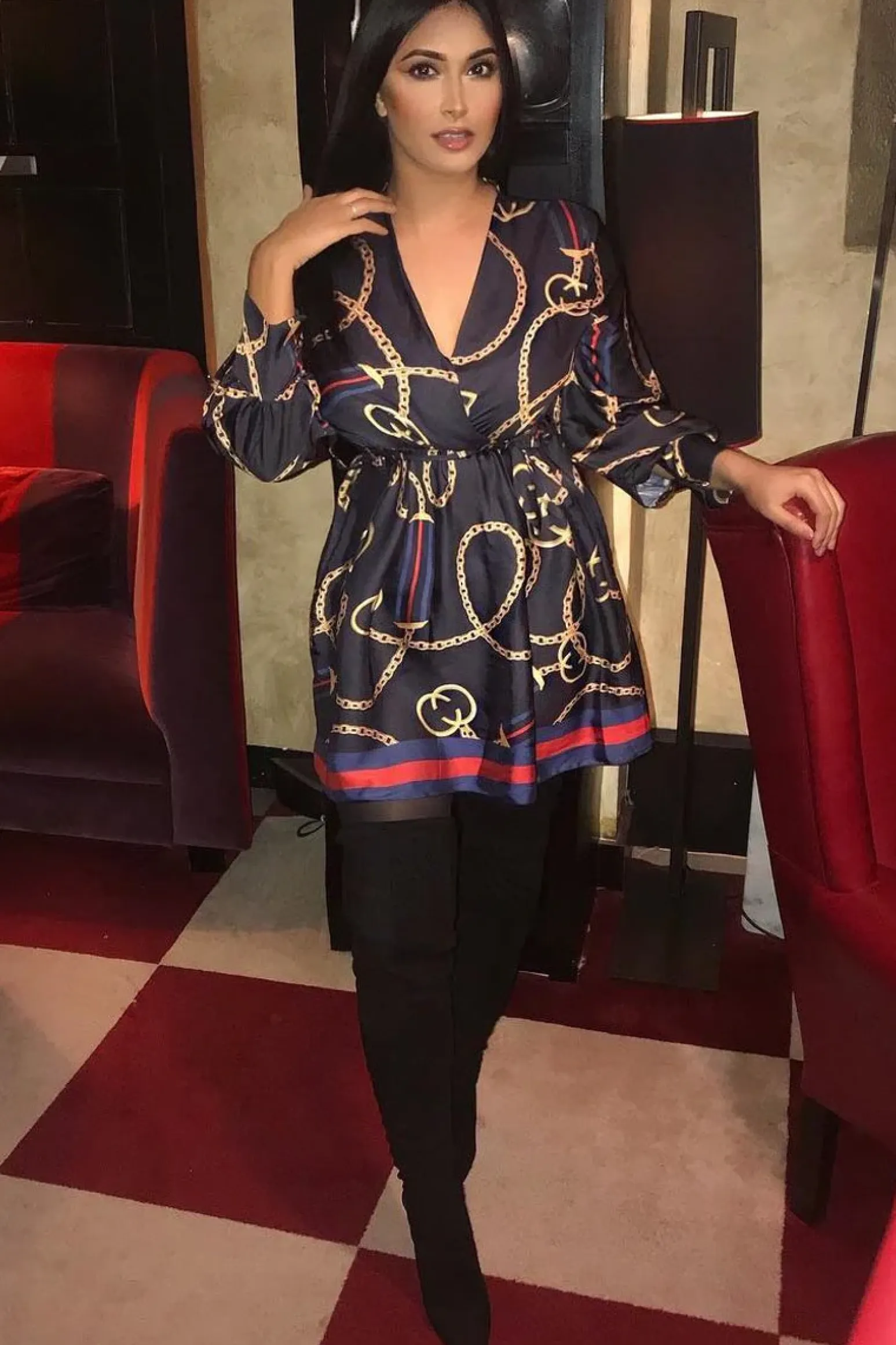 Rebellious Fashion Navy Chain Print Satin Plunge Shirt Dress - Cristen