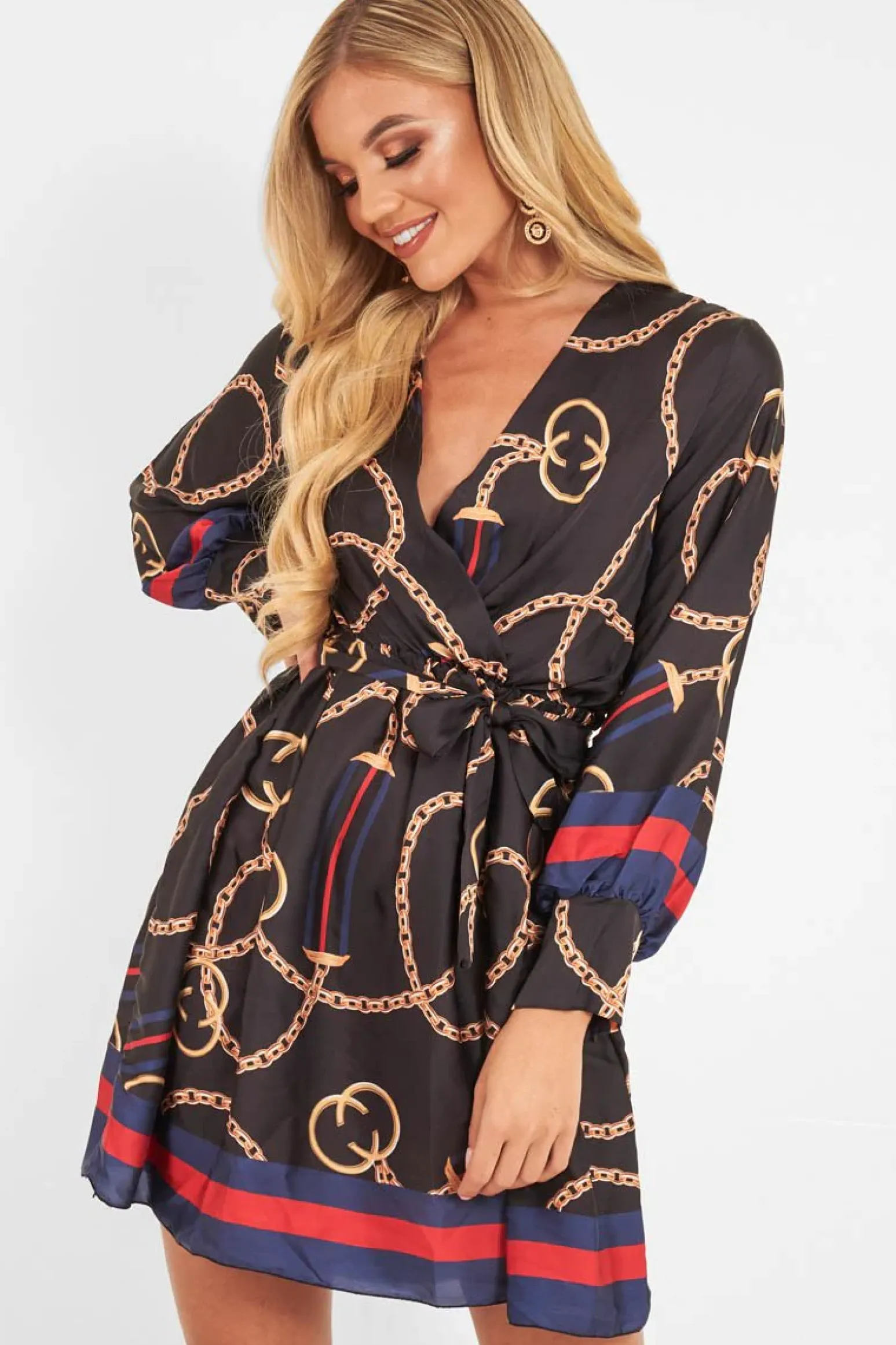 Rebellious Fashion Navy Chain Print Satin Plunge Shirt Dress - Cristen