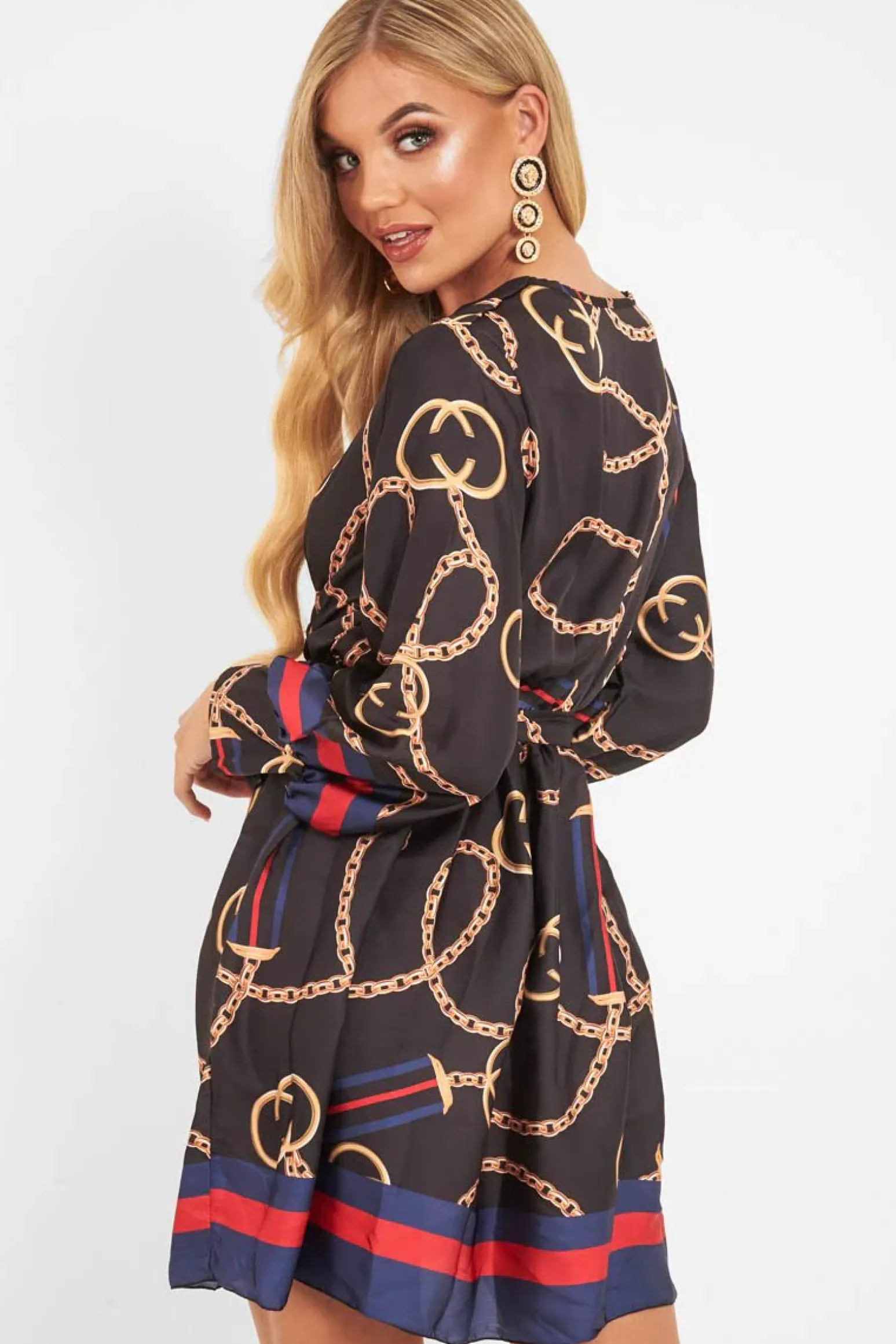 Rebellious Fashion Navy Chain Print Satin Plunge Shirt Dress - Cristen