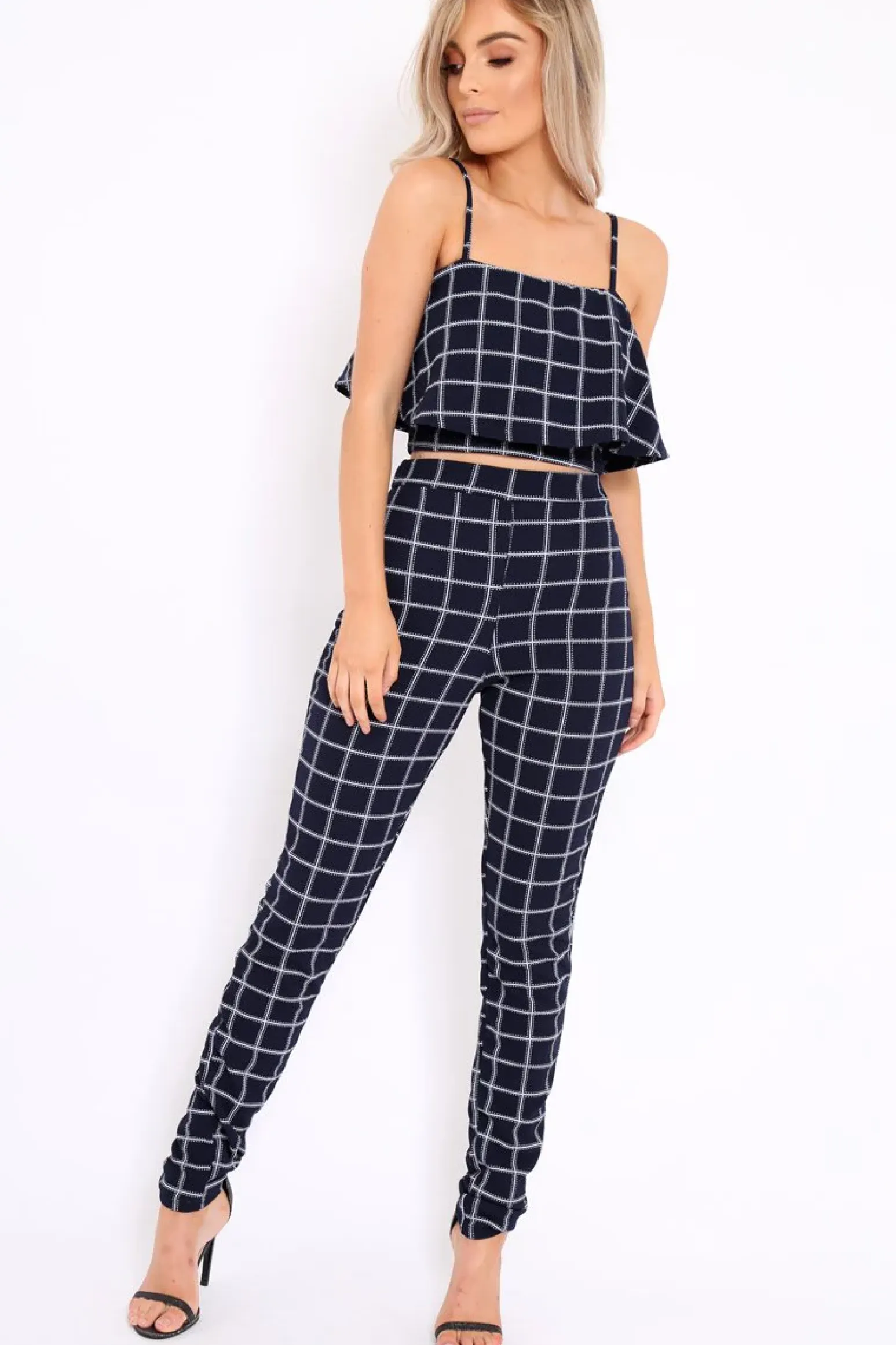 Rebellious Fashion Navy Checked Crop Top and Trousers Co-ord Set - Linda