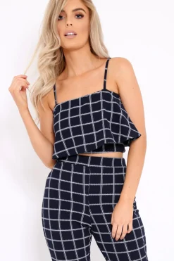 Rebellious Fashion Navy Checked Crop Top and Trousers Co-ord Set - Linda
