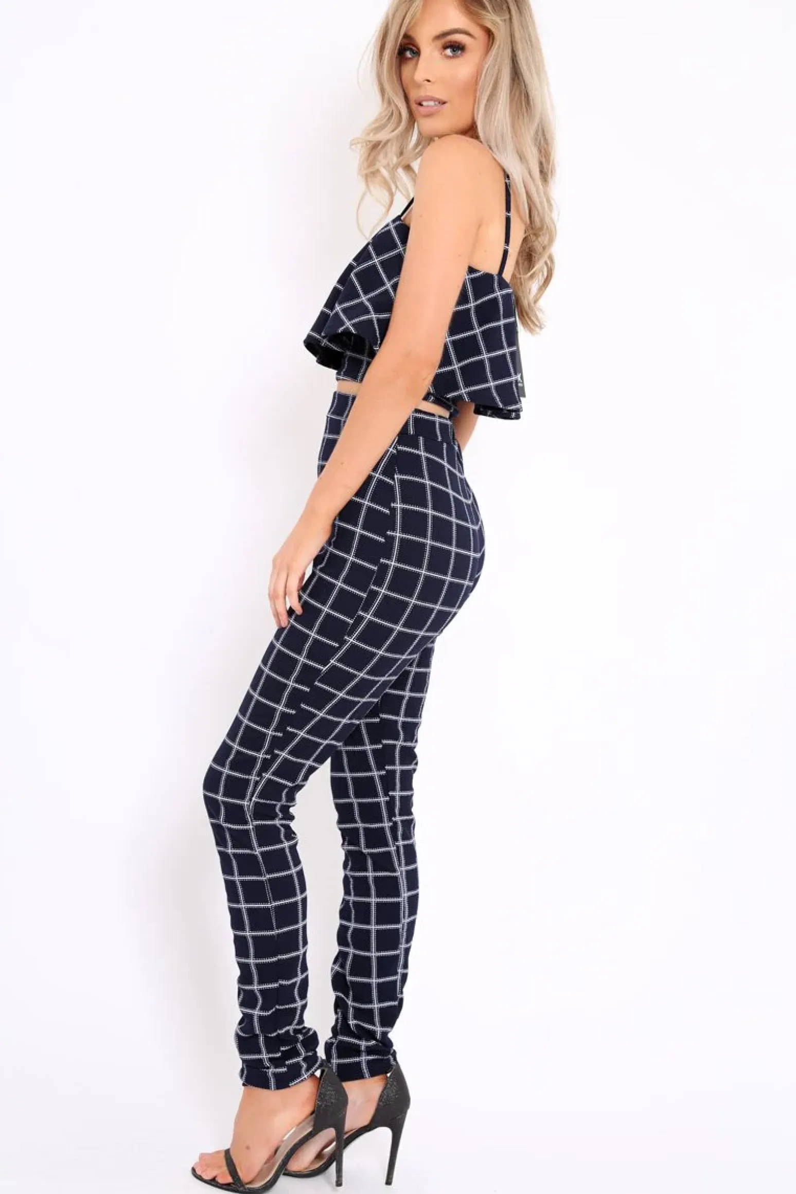 Rebellious Fashion Navy Checked Crop Top and Trousers Co-ord Set - Linda