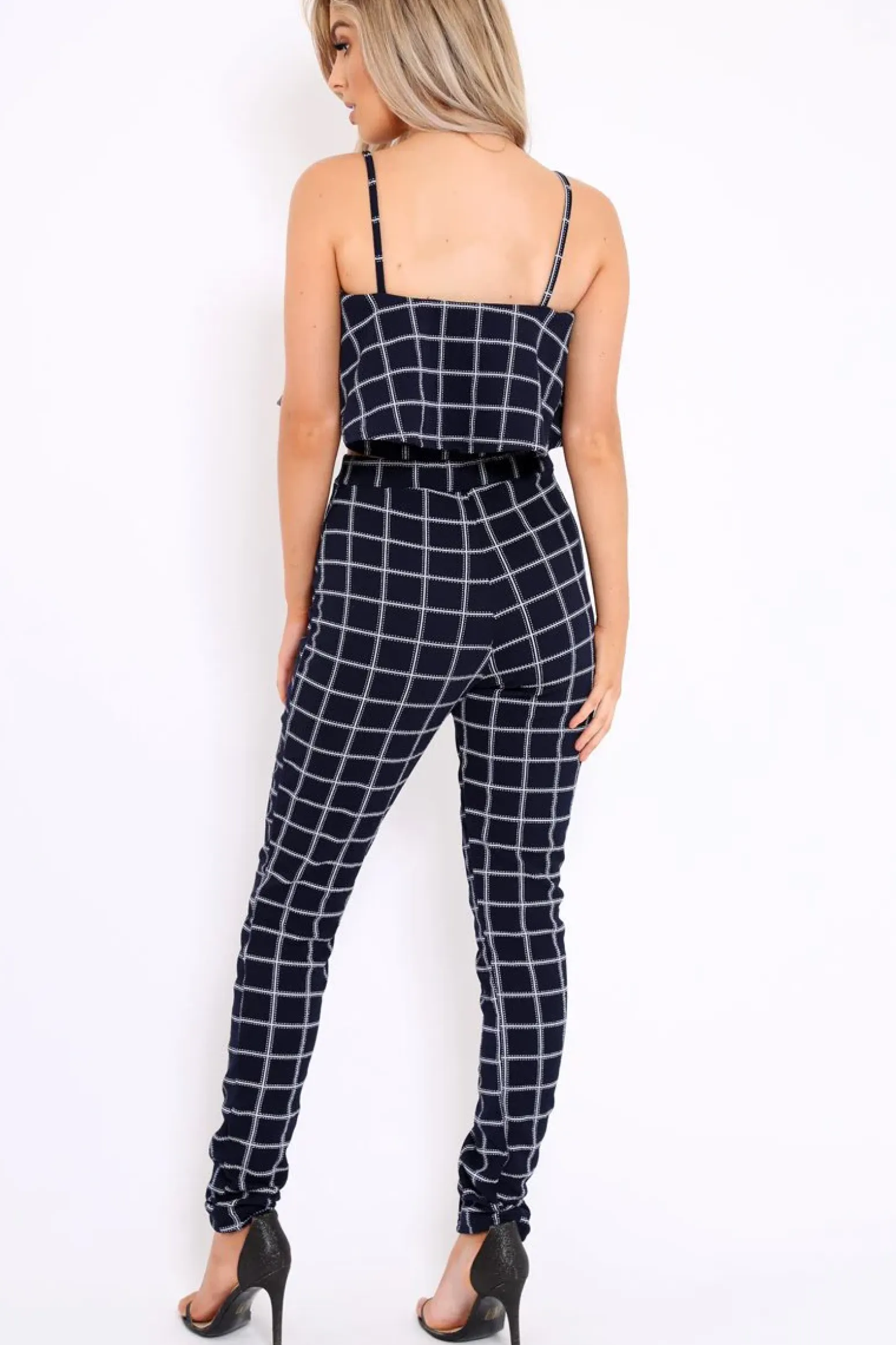 Rebellious Fashion Navy Checked Crop Top and Trousers Co-ord Set - Linda