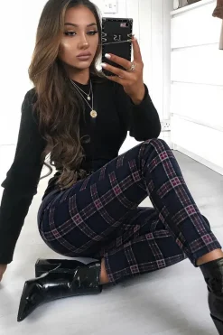Rebellious Fashion Navy Check High Waist Slim Fit Trousers - Sashya