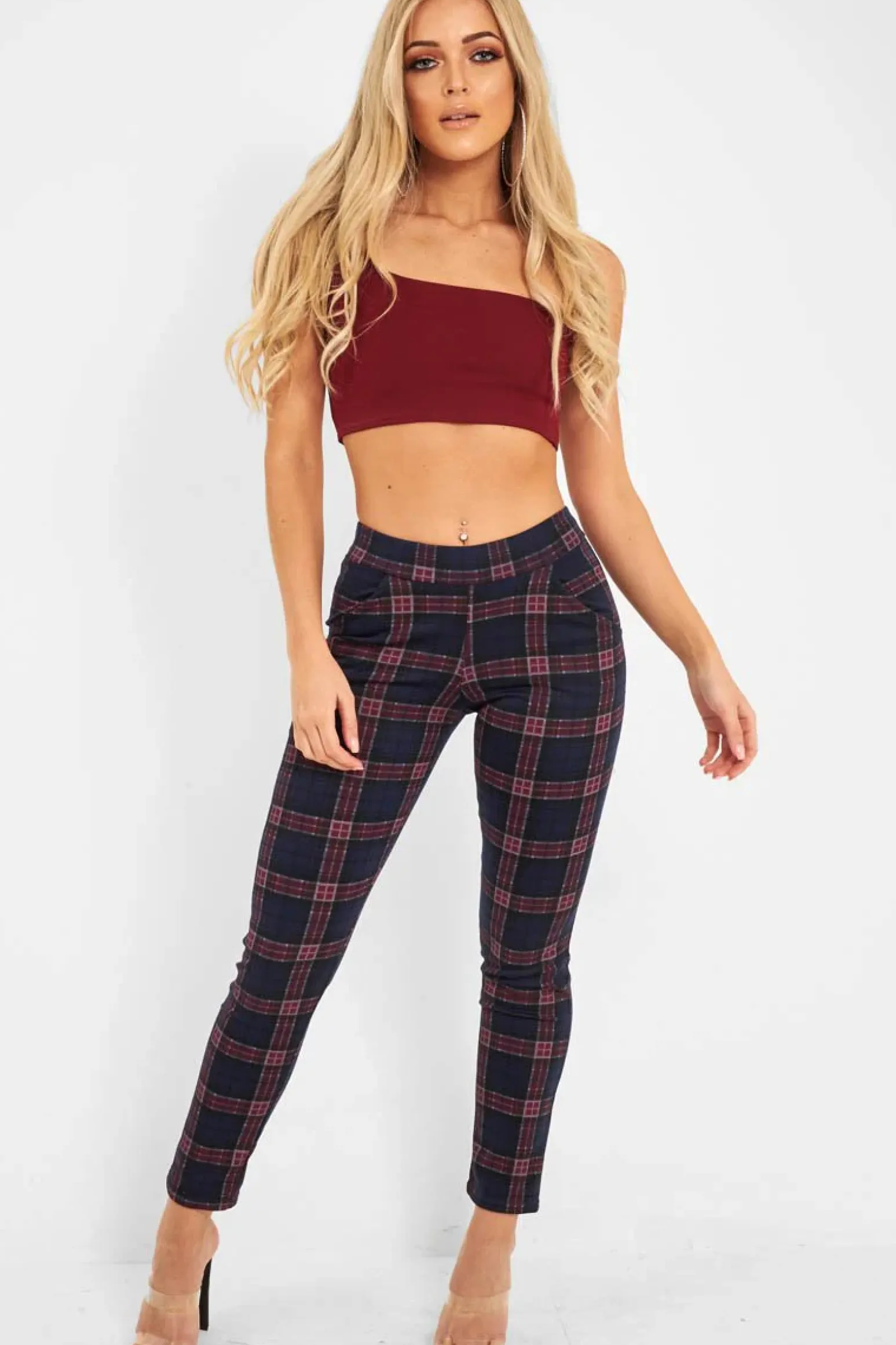 Rebellious Fashion Navy Check High Waist Slim Fit Trousers - Sashya
