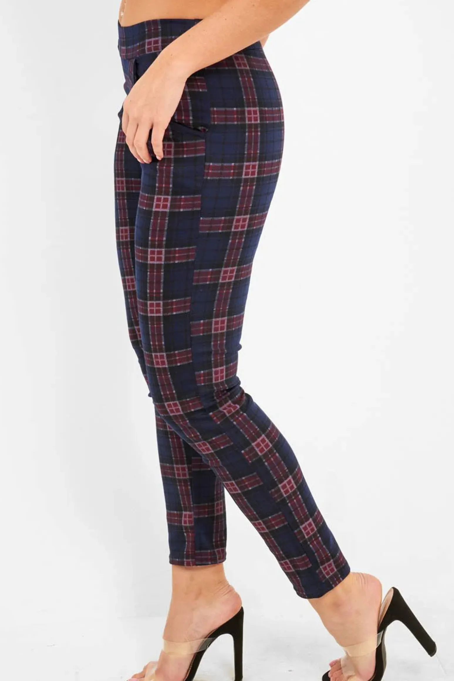 Rebellious Fashion Navy Check High Waist Slim Fit Trousers - Sashya