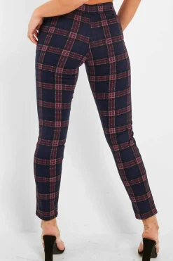 Rebellious Fashion Navy Check High Waist Slim Fit Trousers - Sashya