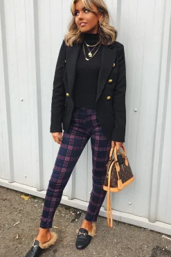 Rebellious Fashion Navy Check High Waist Slim Fit Trousers - Sashya