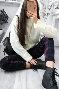 Rebellious Fashion Navy Check High Waist Slim Fit Trousers - Sashya