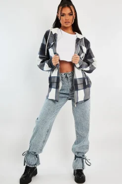 Rebellious Fashion Navy Check Hooded Shacket - Destyn