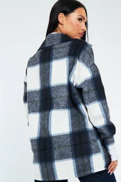 Rebellious Fashion Navy Check Pocket Front Shacket - Nura