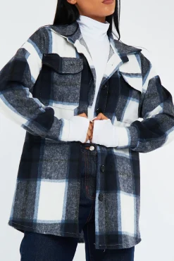 Rebellious Fashion Navy Check Pocket Front Shacket - Nura