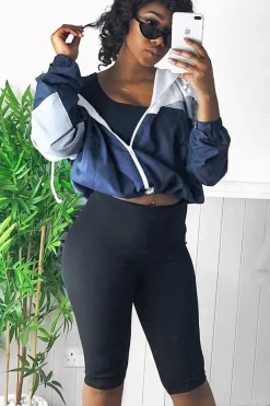 Rebellious Fashion Navy Colour Block Windbreaker Jacket - Karina
