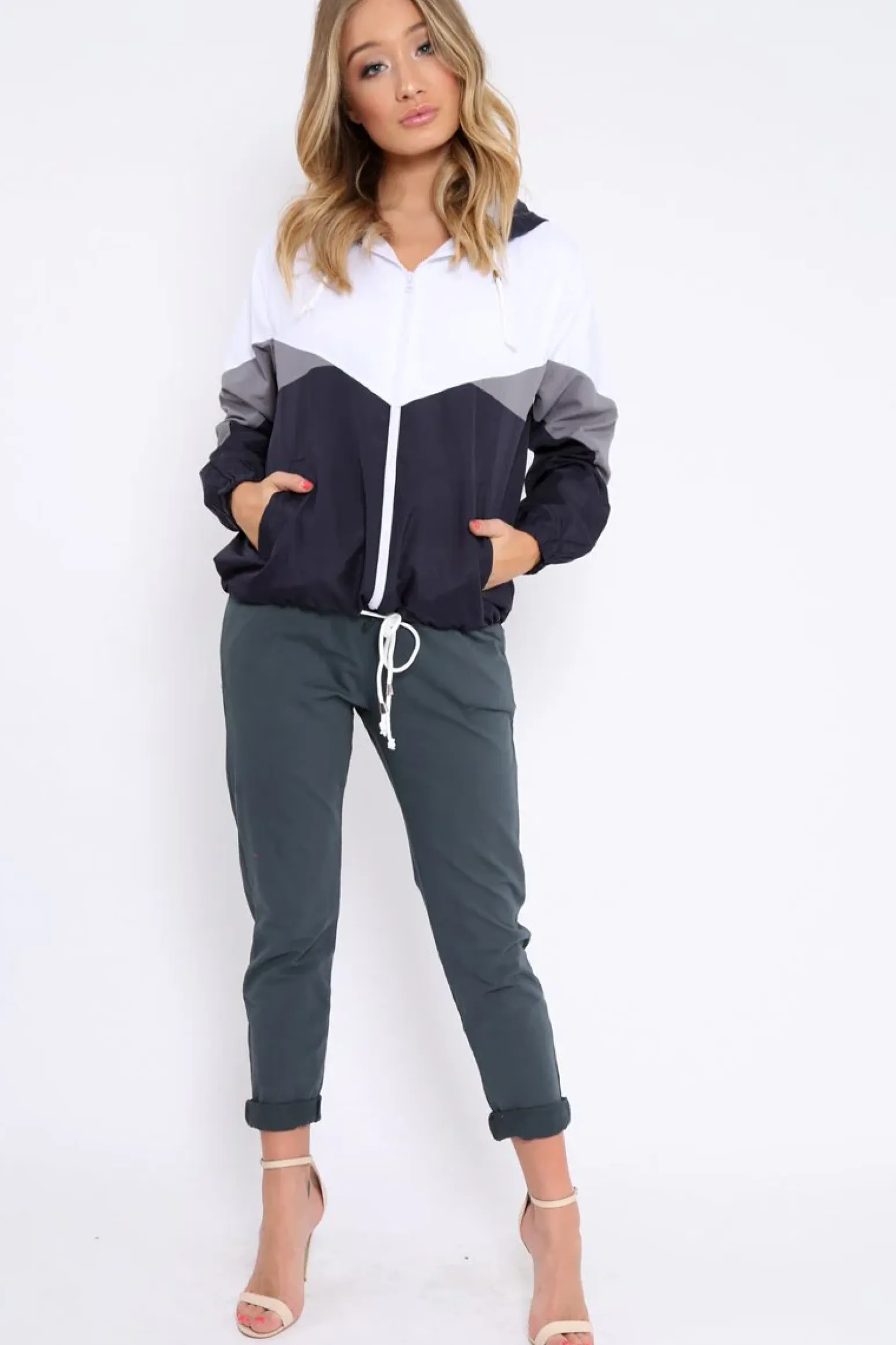Rebellious Fashion Navy Colour Block Windbreaker Jacket - Karina