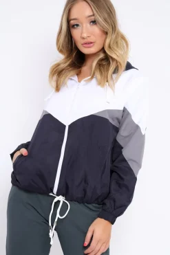 Rebellious Fashion Navy Colour Block Windbreaker Jacket - Karina