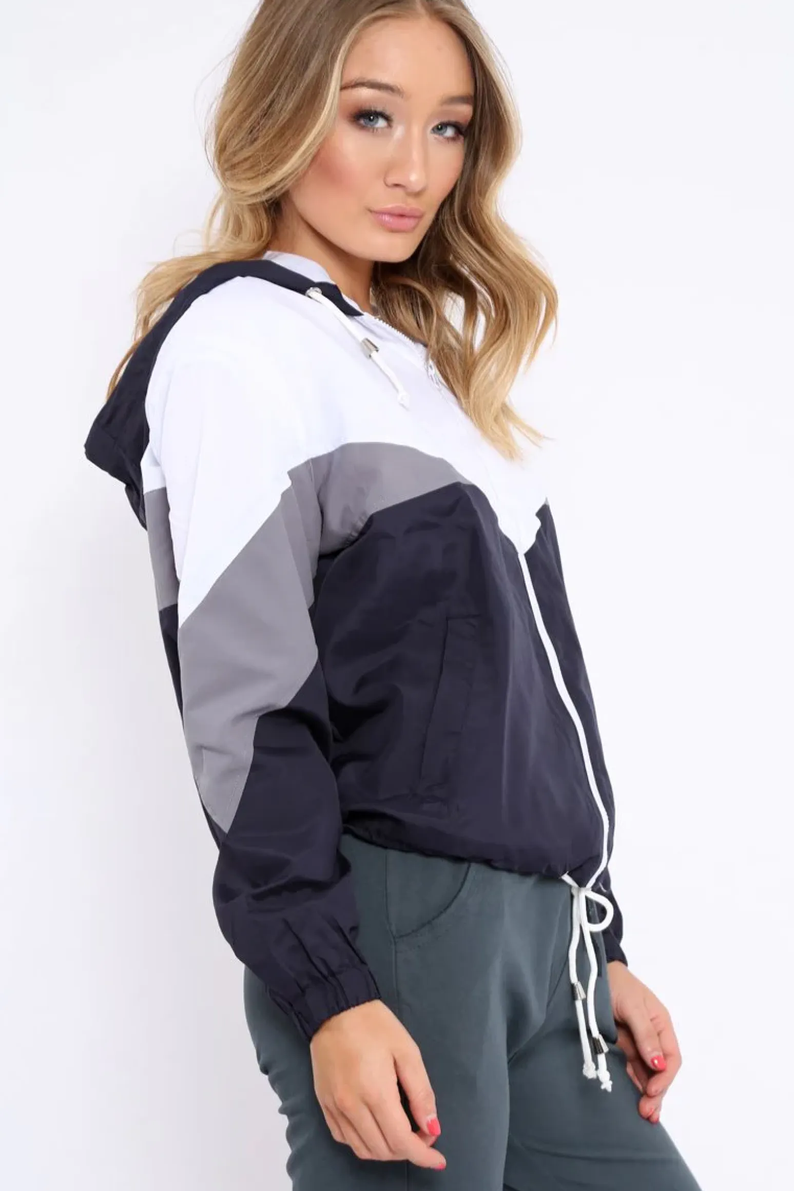 Rebellious Fashion Navy Colour Block Windbreaker Jacket - Karina