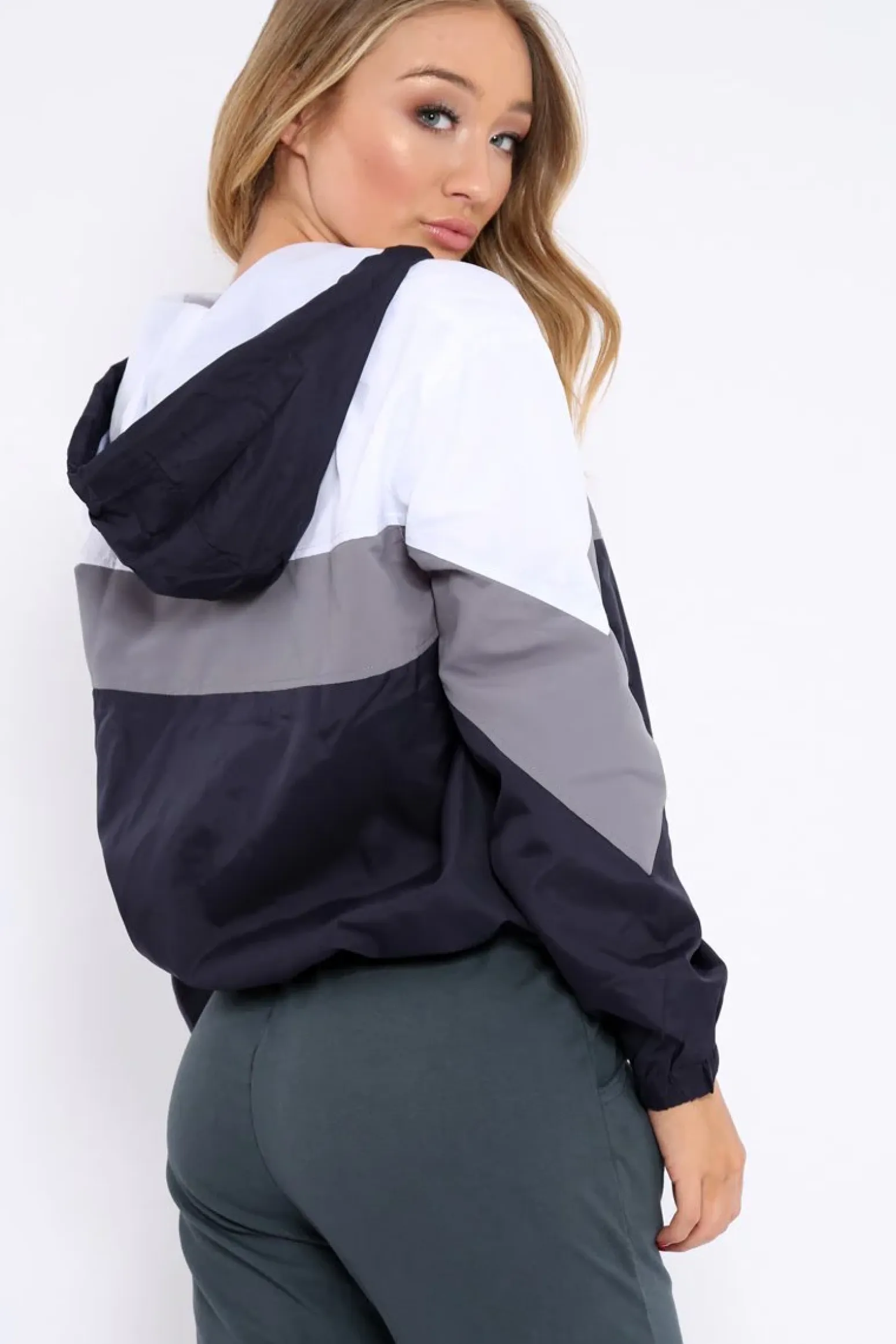 Rebellious Fashion Navy Colour Block Windbreaker Jacket - Karina