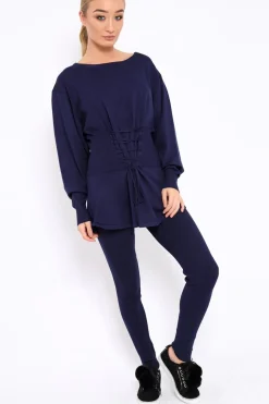 Rebellious Fashion Navy Co-ord with Corset Waist Tie Detail - Laurel