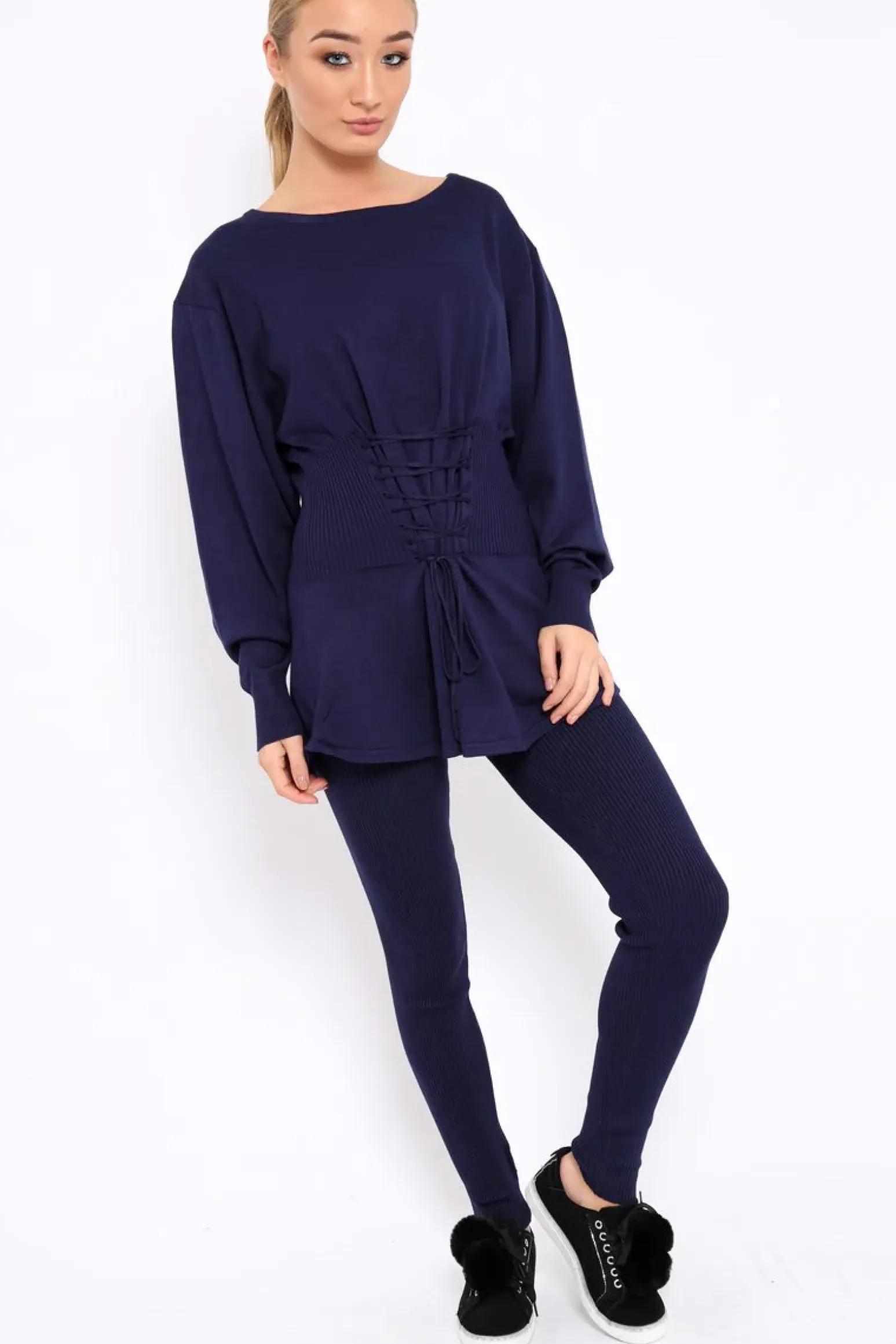 Rebellious Fashion Navy Co-ord with Corset Waist Tie Detail - Laurel