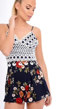 Rebellious Fashion Navy Crochet Lace Floral Print Playsuit - Aerin