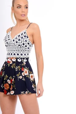 Rebellious Fashion Navy Crochet Lace Floral Print Playsuit - Aerin