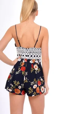 Rebellious Fashion Navy Crochet Lace Floral Print Playsuit - Aerin