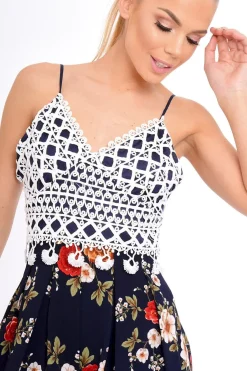 Rebellious Fashion Navy Crochet Lace Floral Print Playsuit - Aerin