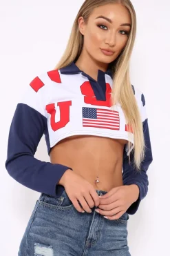 Rebellious Fashion Navy Cropped USA Rugby Shirt - Devani