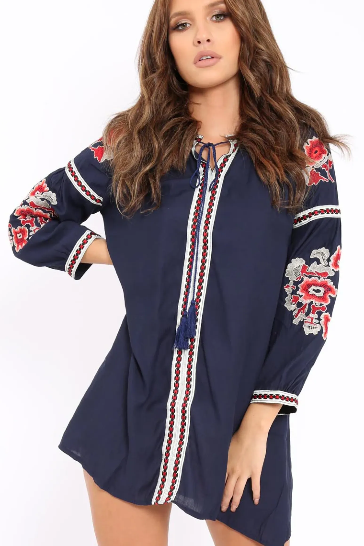 Rebellious Fashion Navy Embroidered Shirt Dress - Nikki