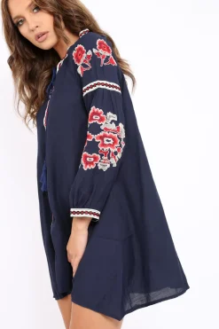 Rebellious Fashion Navy Embroidered Shirt Dress - Nikki