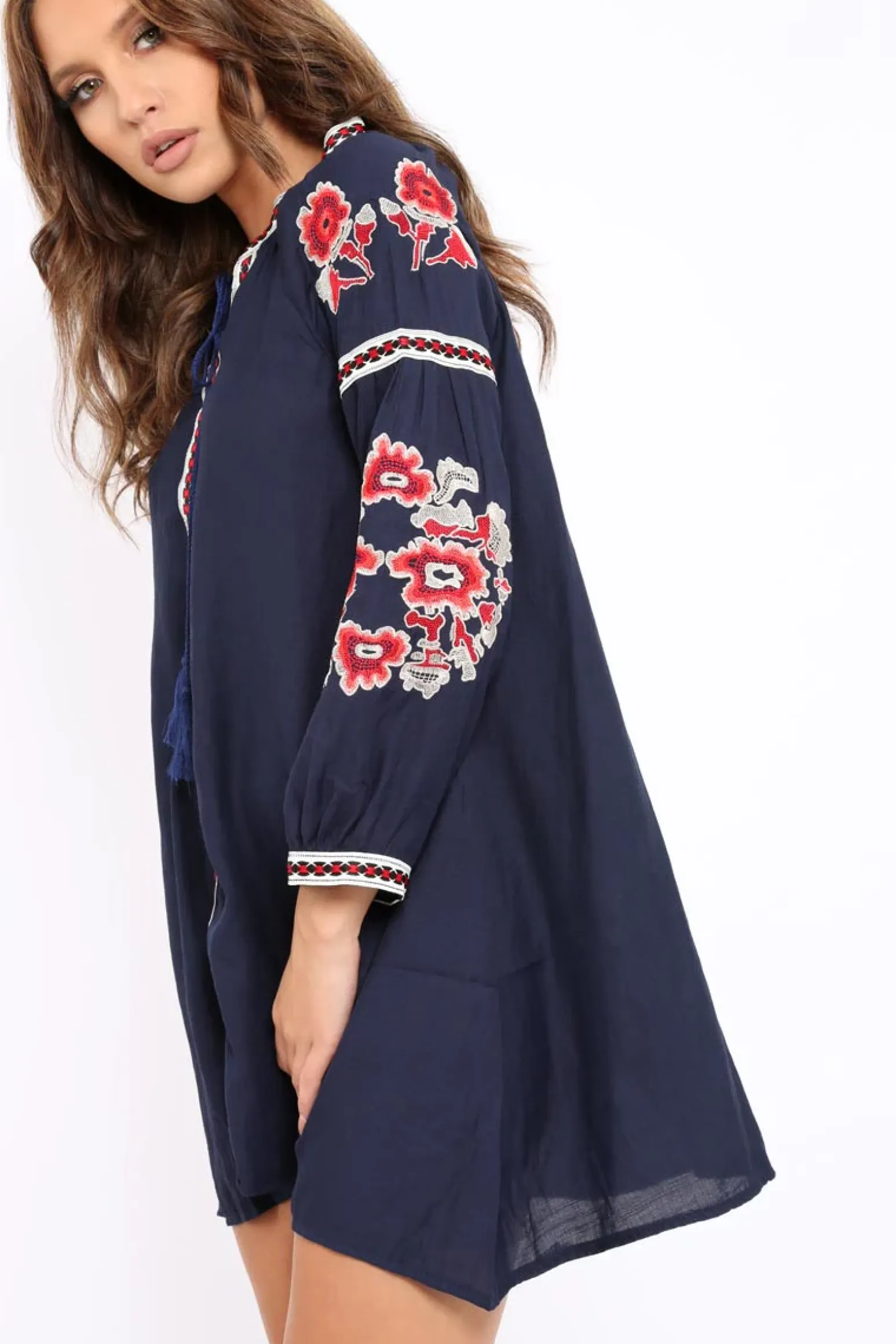 Rebellious Fashion Navy Embroidered Shirt Dress - Nikki