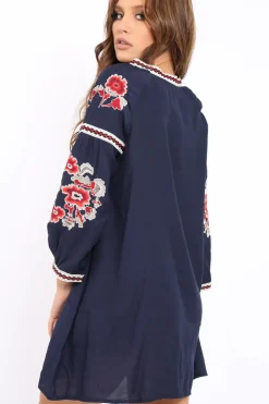 Rebellious Fashion Navy Embroidered Shirt Dress - Nikki