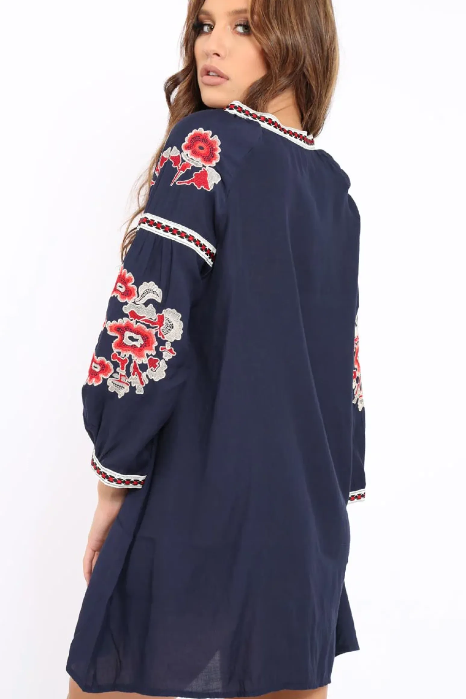 Rebellious Fashion Navy Embroidered Shirt Dress - Nikki