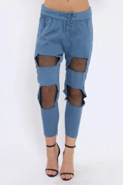 Rebellious Fashion Navy Fish Net Panel Detail Joggers - Mikaela