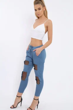 Rebellious Fashion Navy Fish Net Panel Detail Joggers - Mikaela