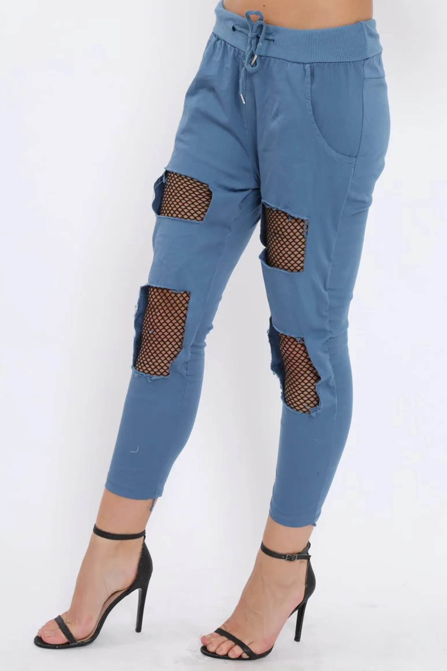 Rebellious Fashion Navy Fish Net Panel Detail Joggers - Mikaela