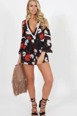 Rebellious Fashion Navy Floral Cold Shoulder Playsuit - Sophia