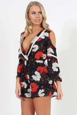Rebellious Fashion Navy Floral Cold Shoulder Playsuit - Sophia