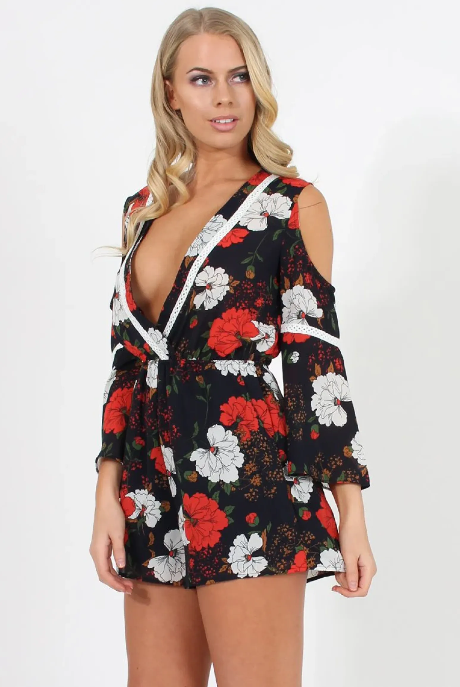 Rebellious Fashion Navy Floral Cold Shoulder Playsuit - Sophia