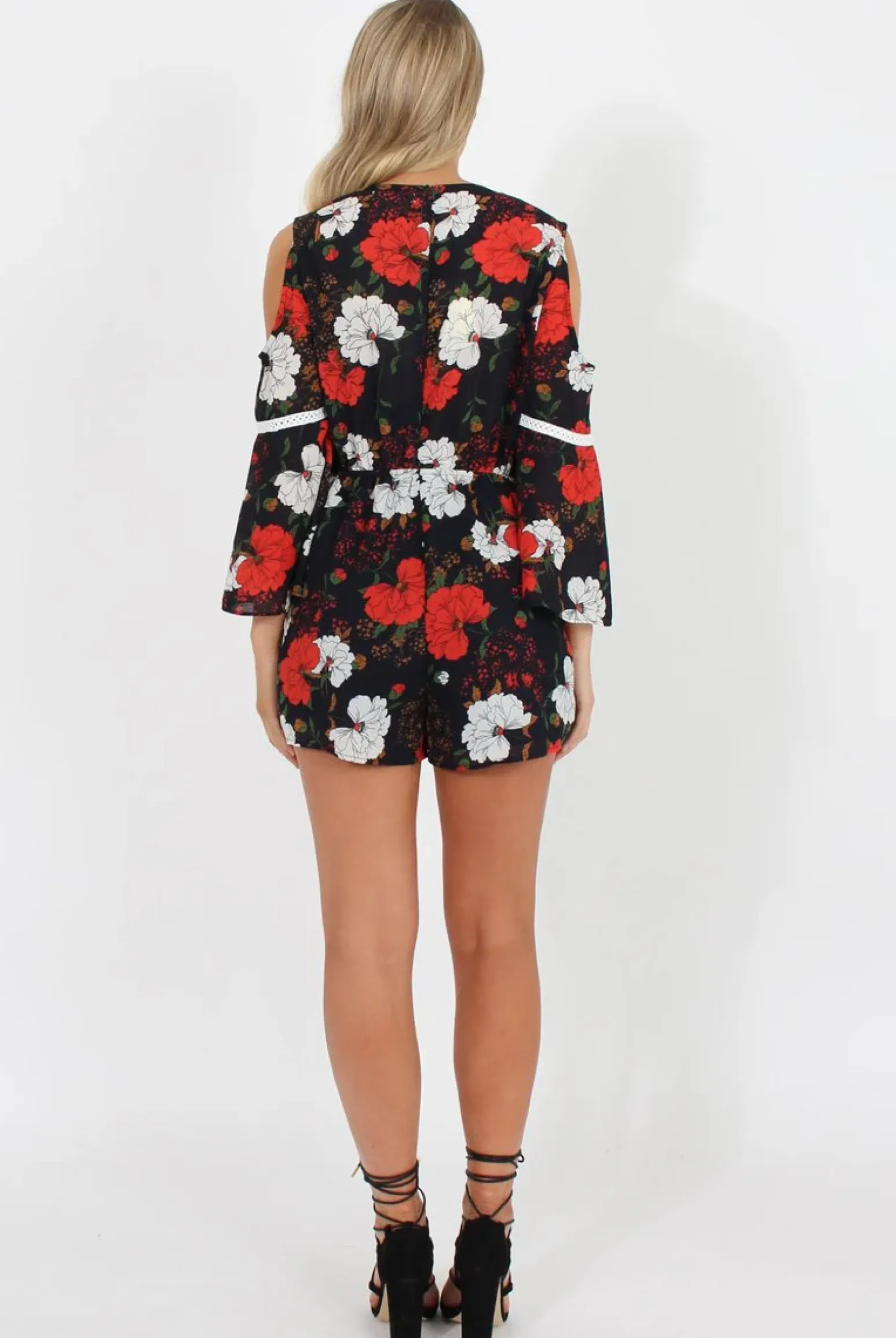 Rebellious Fashion Navy Floral Cold Shoulder Playsuit - Sophia
