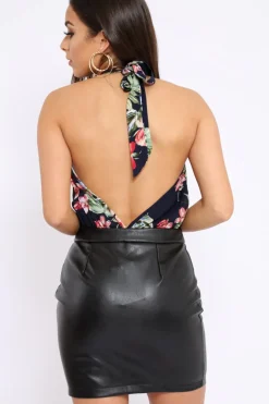 Rebellious Fashion Navy Floral Halterneck Bodysuit - Clary